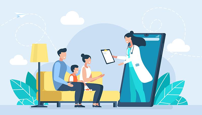 Social media template. Mobile App Family Doctor. Healthcare services. Family taking consultation with doctor therapist. Online medical doctor and man, woman and child patients. Vector illustration