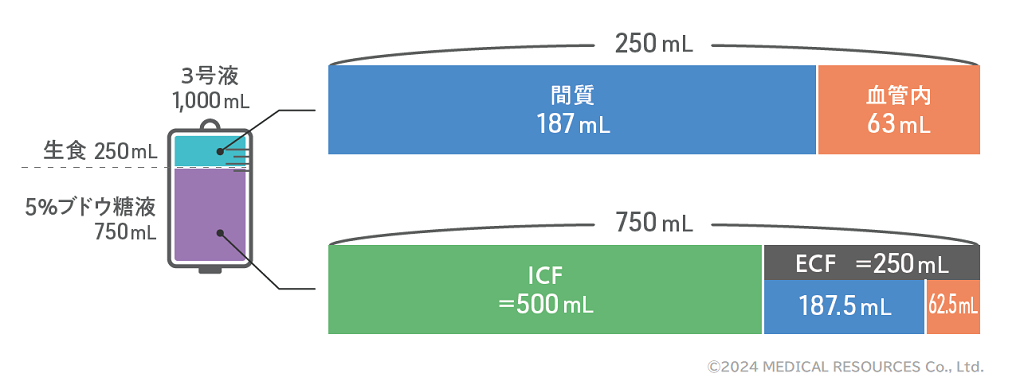 3号液1000mLの体内分布図_ドクタービジョン輸液管理でおさえておきたいベッドサイドで使える考え方10ページ